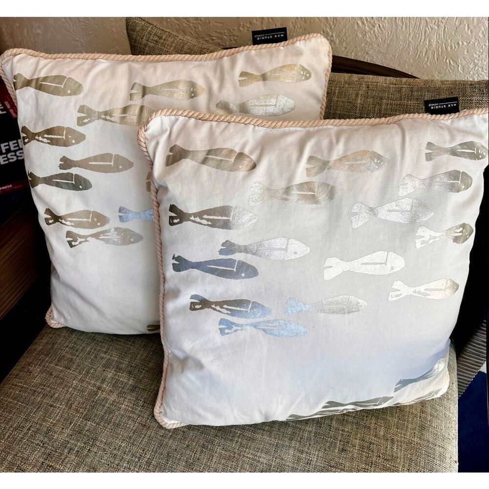 Set of 2  Max Studio Home Silver/White Fish Print Decorative Throw Pillows